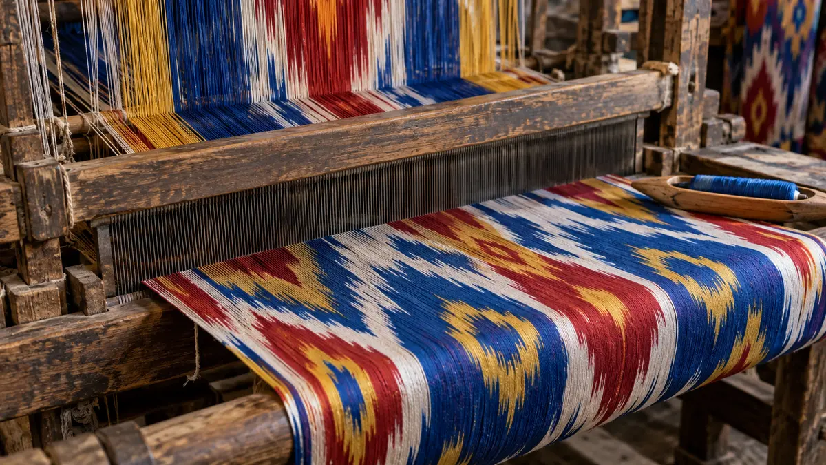 Fergana silk textiles on a wooden loom Fergana silk textiles on a wooden loom