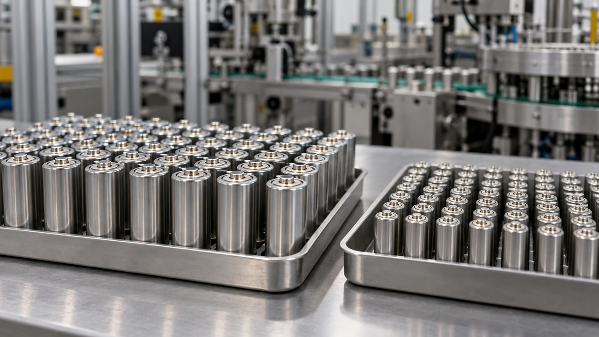 Unbranded cylindrical AA and AAA cells in manufacturing trays