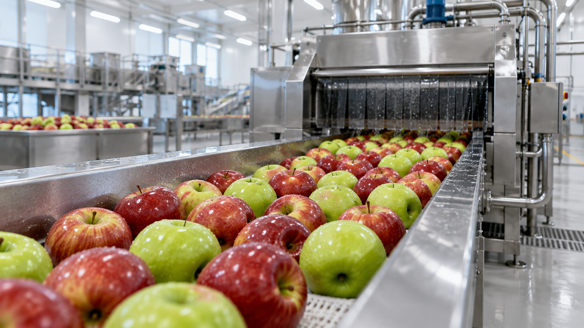 Apples beside stainless food-processing equipment