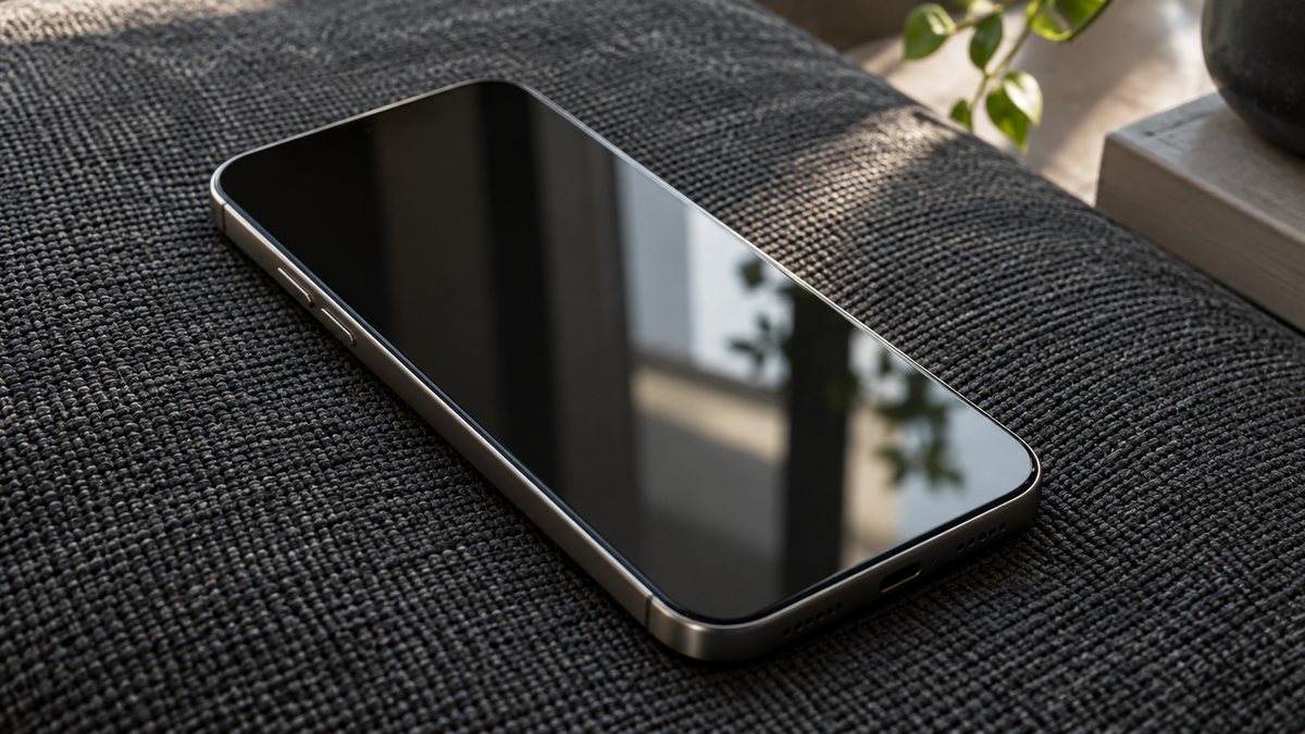 An unbranded smartphone with its screen off on a woven fabric surface