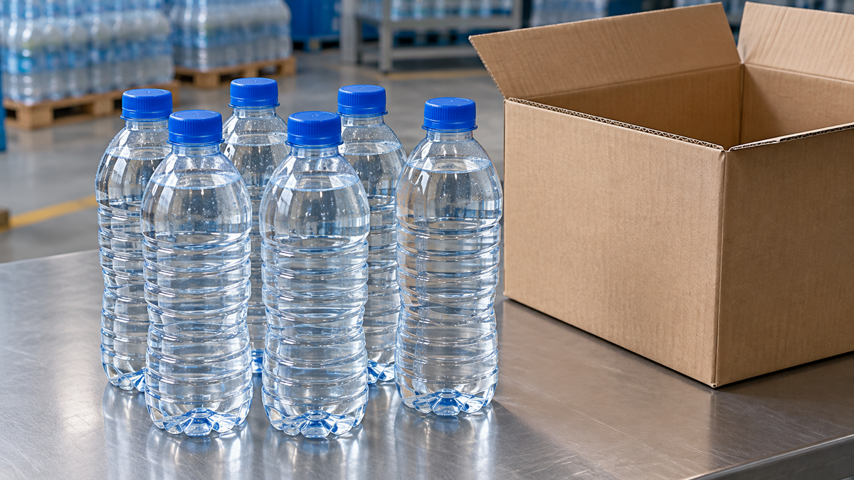 Unlabelled sealed water bottles beside a shipping carton