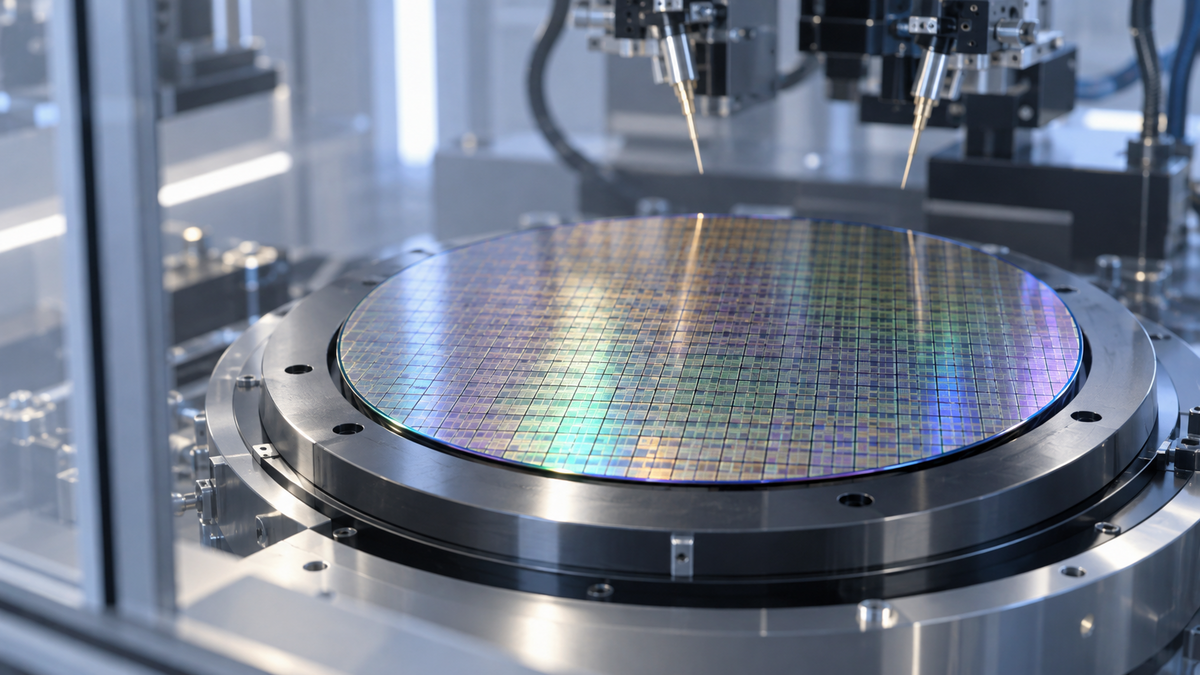 Semiconductor wafer beside precision testing equipment