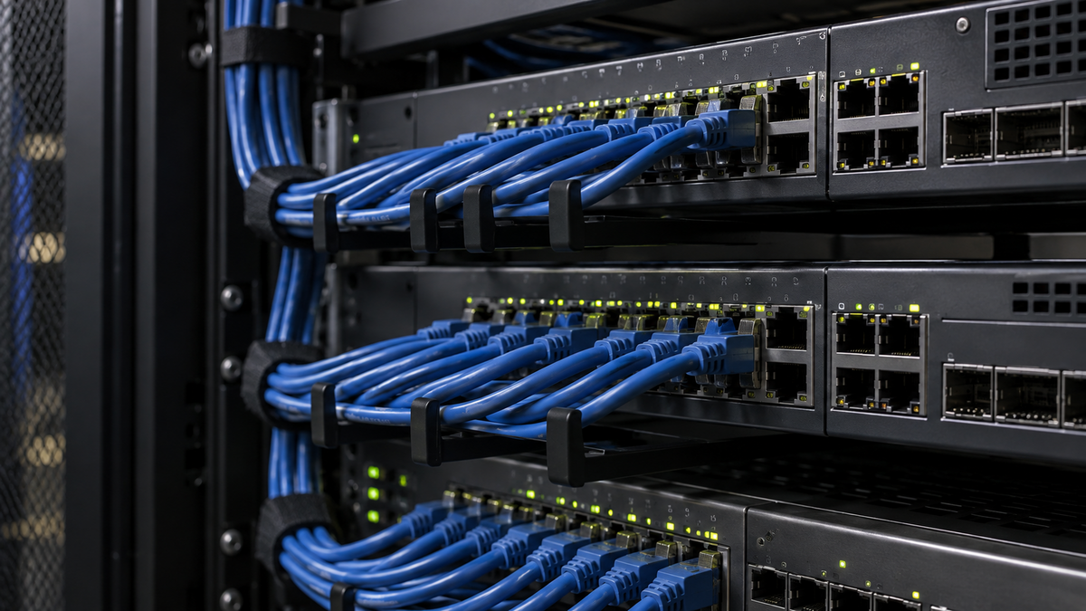 Network switch ports and neatly routed Ethernet cables