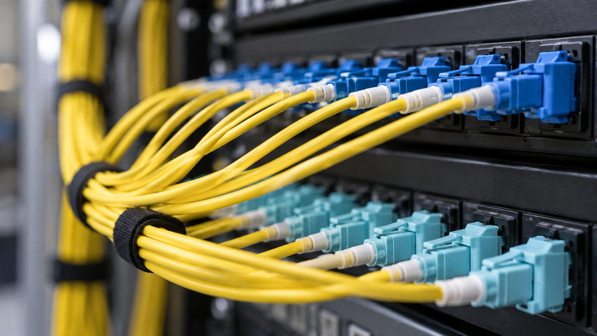 Optical fibre connectors on a networking patch panel