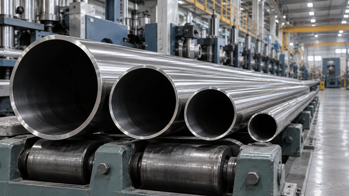 Bundles of stainless steel tubes on industrial roller supports