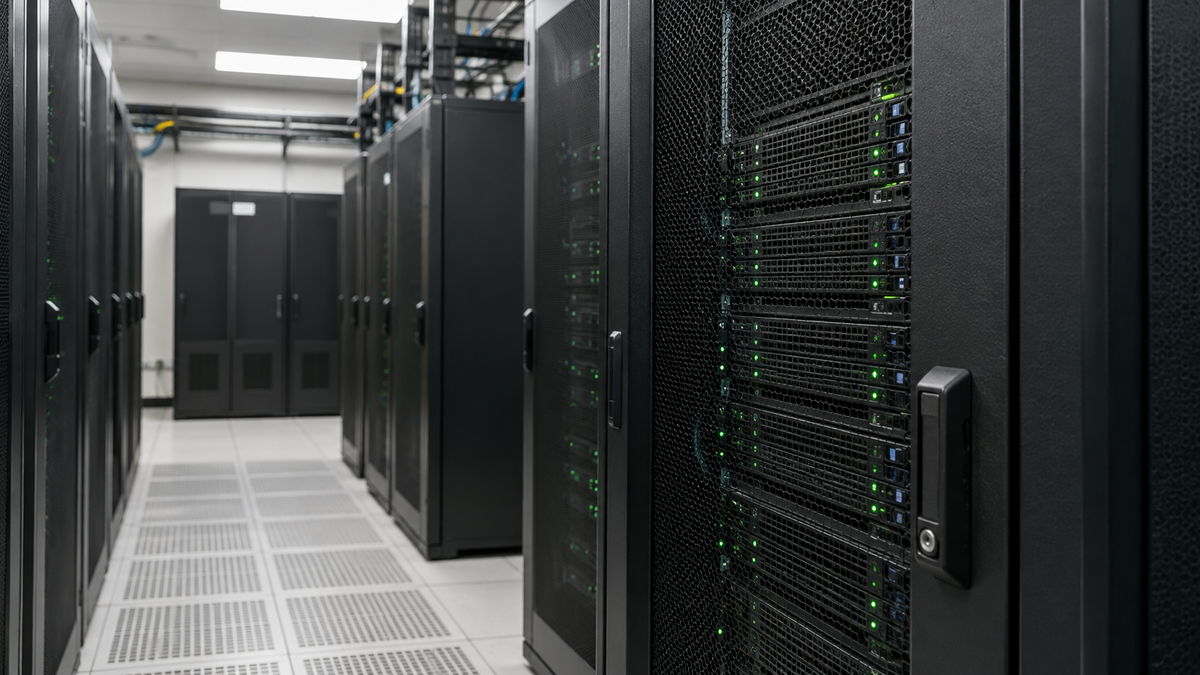 Enterprise computing cabinets in a data-room aisle