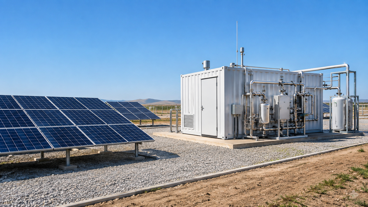 Solar panels beside a compact containerised energy unit