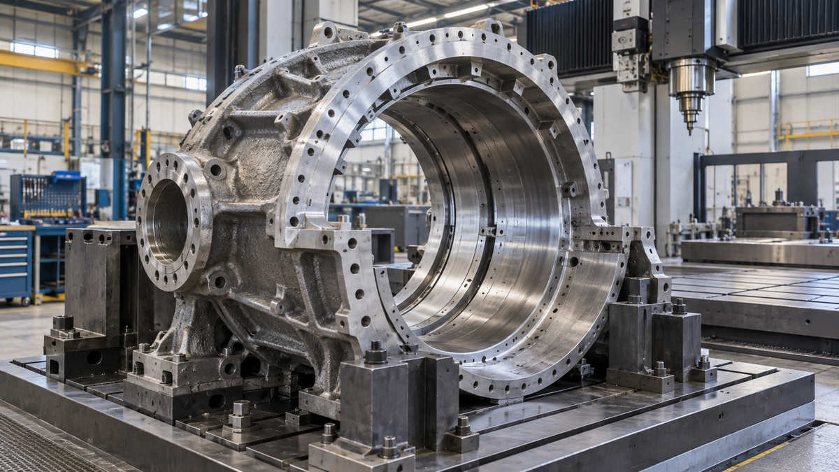 Large metal turbine casing on a machining fixture
