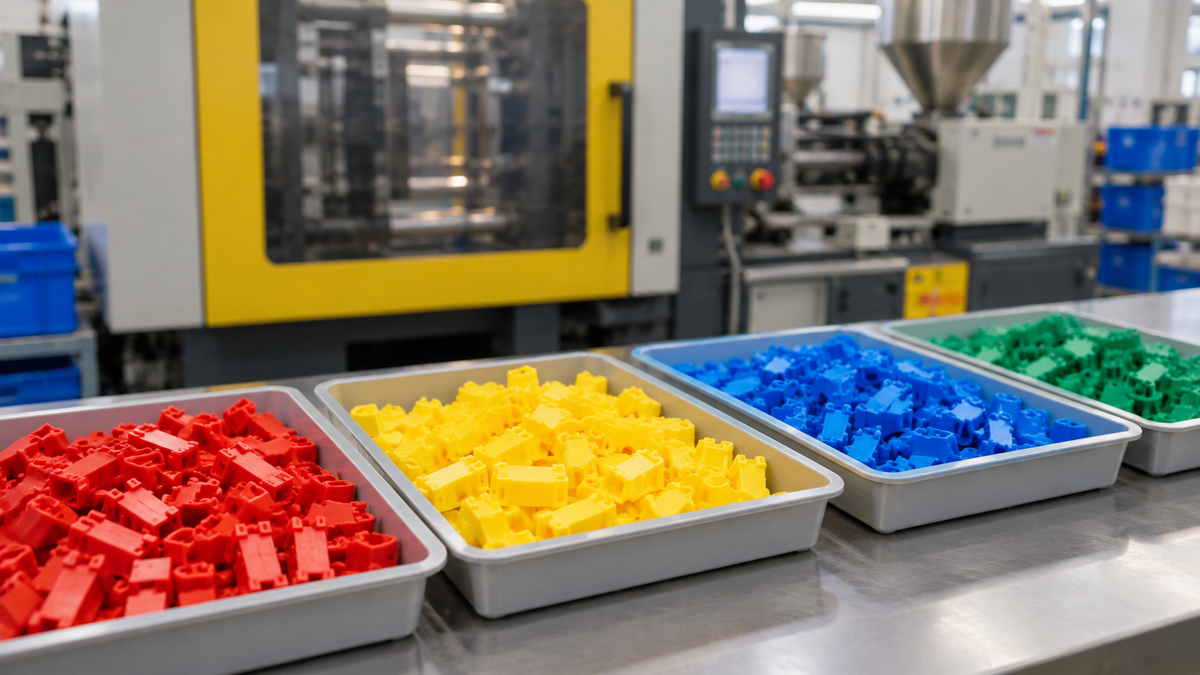 Small coloured plastic parts in manufacturing trays