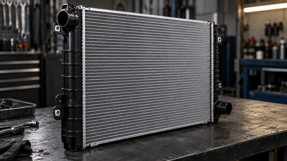 Vehicle cooling radiator on a workshop bench