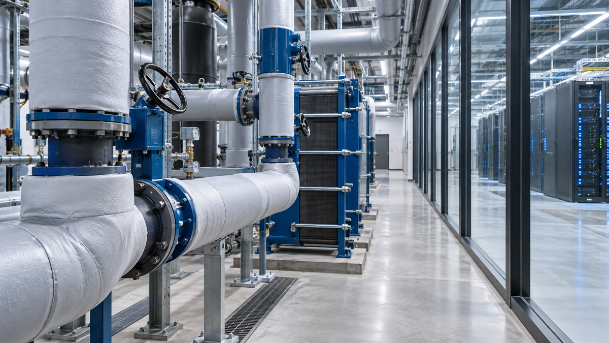 Data-centre cooling equipment beside server-room cabinets