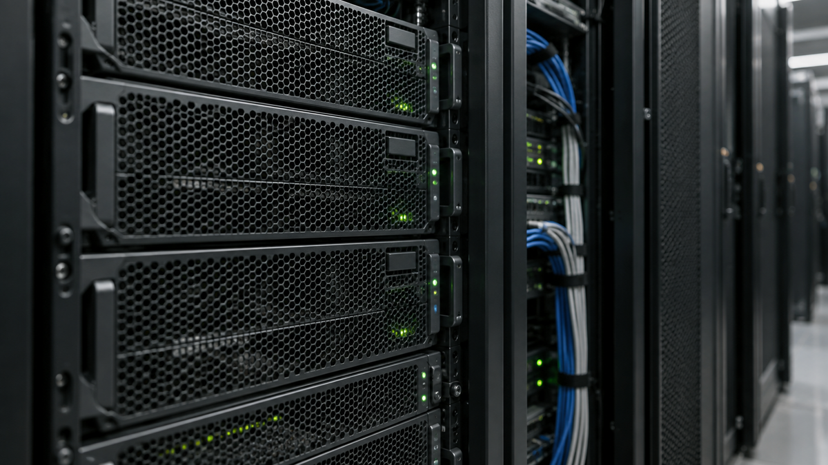 Rack-mounted servers with indicator lights and cabling