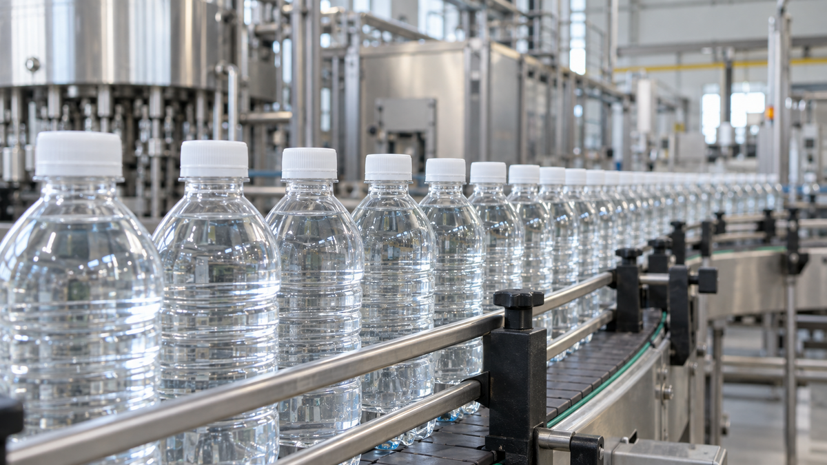 Unlabelled beverage bottles on a bottling conveyor