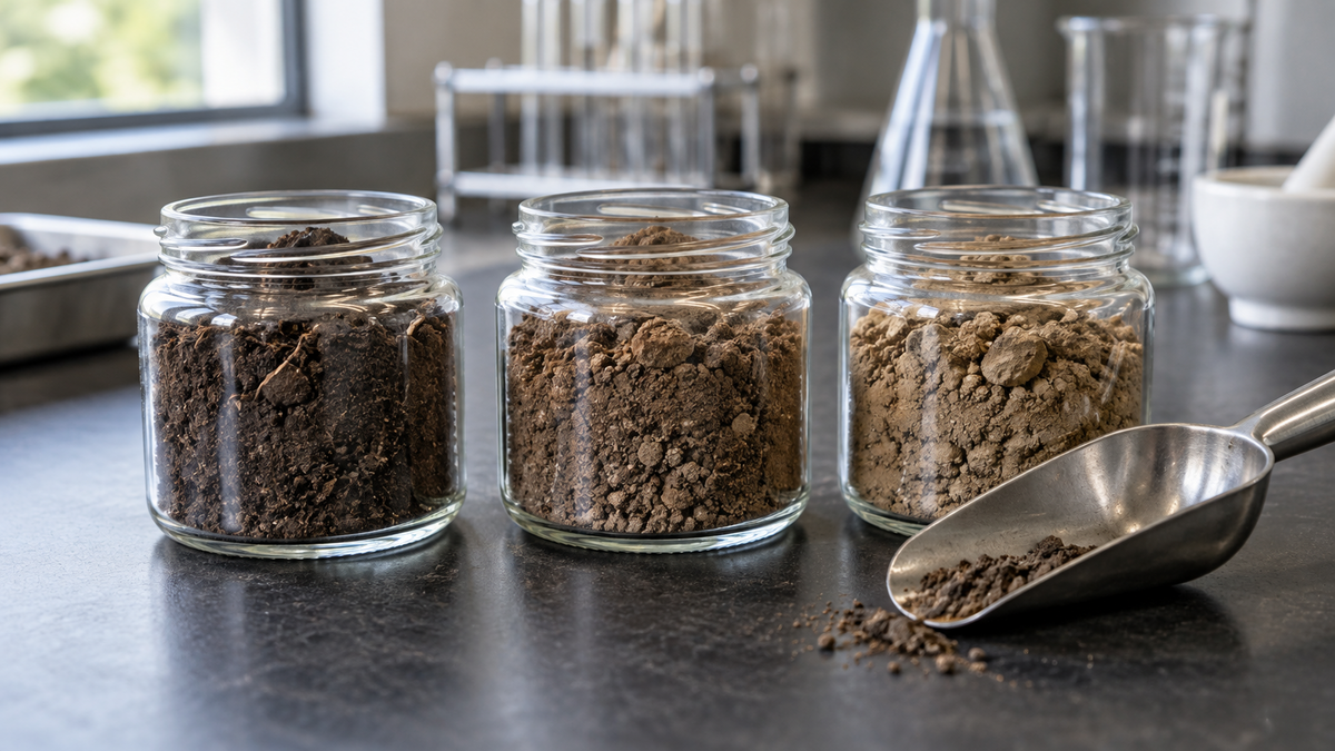 Three jars of soil samples and a scoop on a laboratory worktop