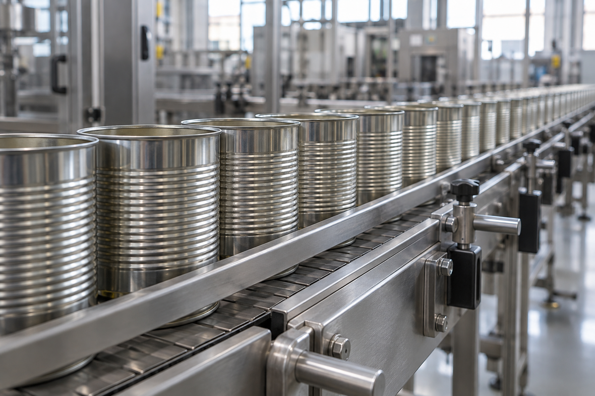 Unlabelled metal food cans on a packaging conveyor