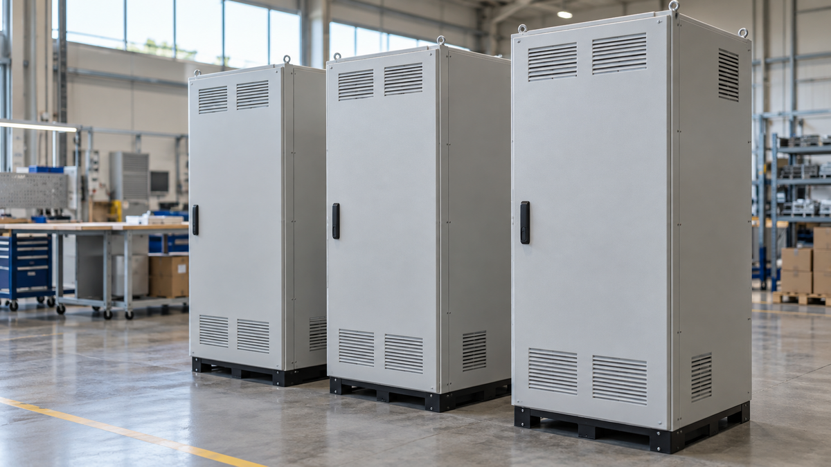 Closed distribution cabinets in an electrical equipment assembly area