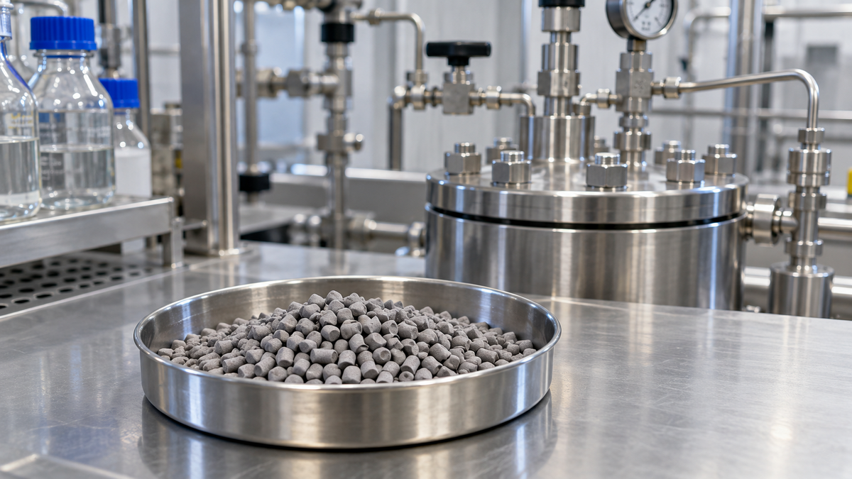 Catalyst pellets in a laboratory dish beside process equipment