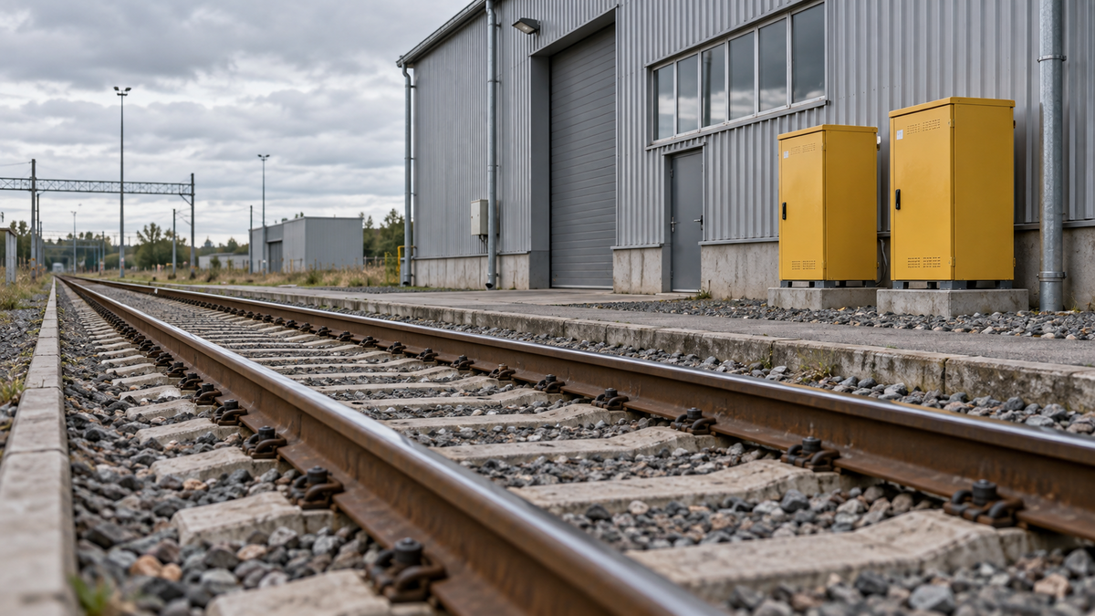Railway maintenance siding beside an industrial workshop