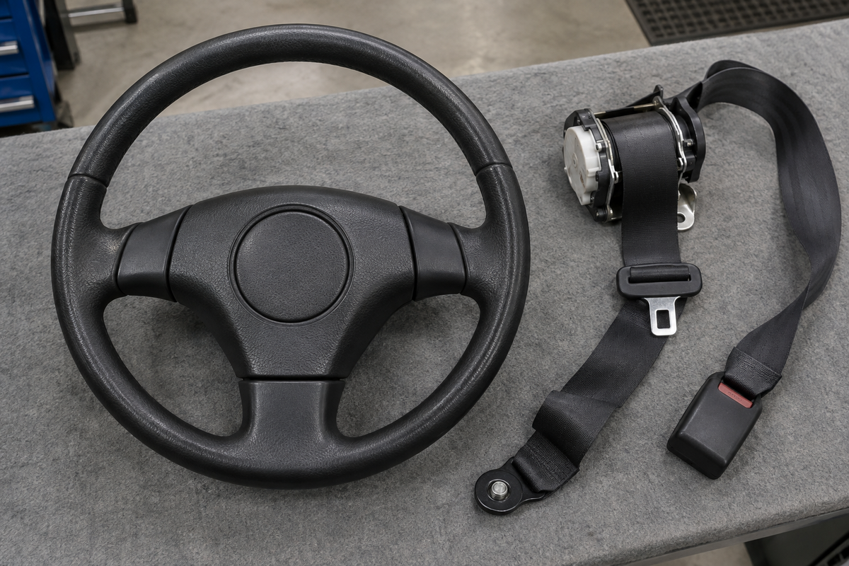 Unbranded steering wheel and seat-belt assembly on an inspection bench