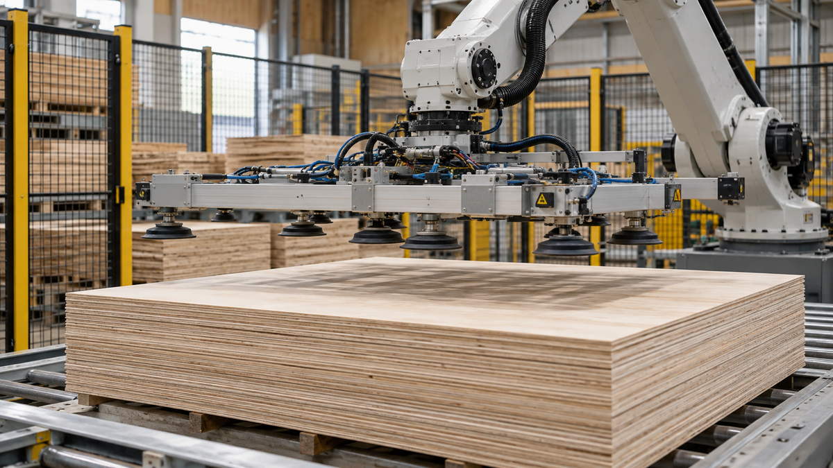 Vacuum gripper positioned above stacked plywood sheets