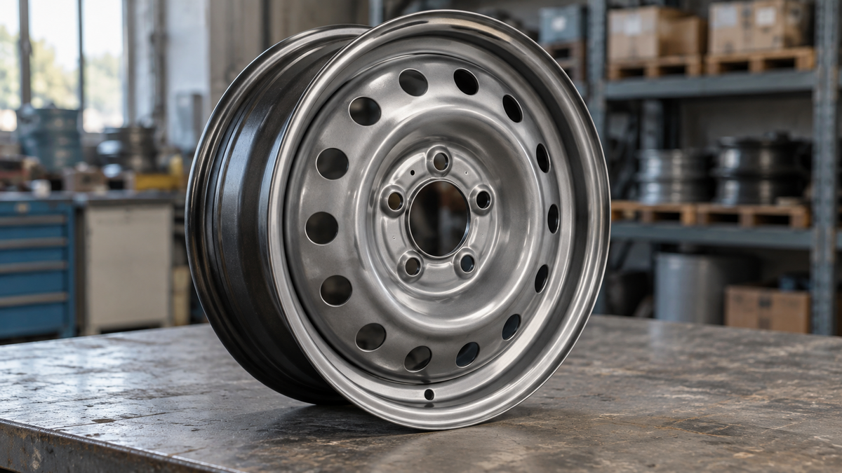 Unbranded stamped steel wheel on an industrial workbench