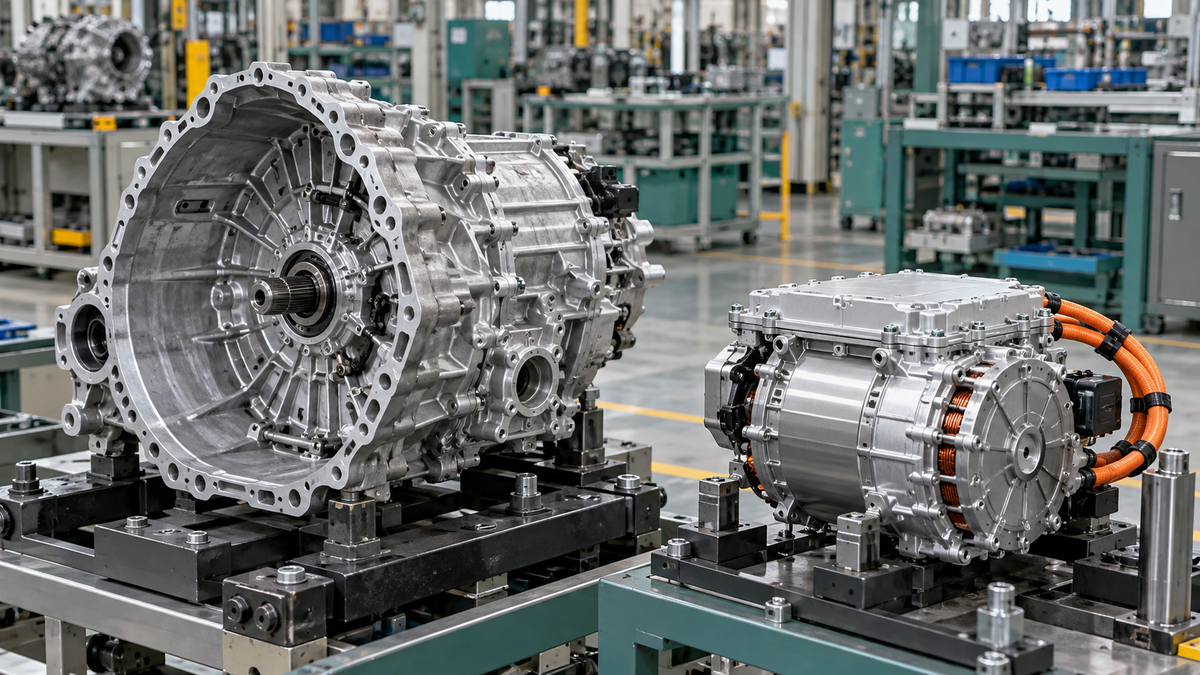Transmission housing and electric drive components on assembly fixtures