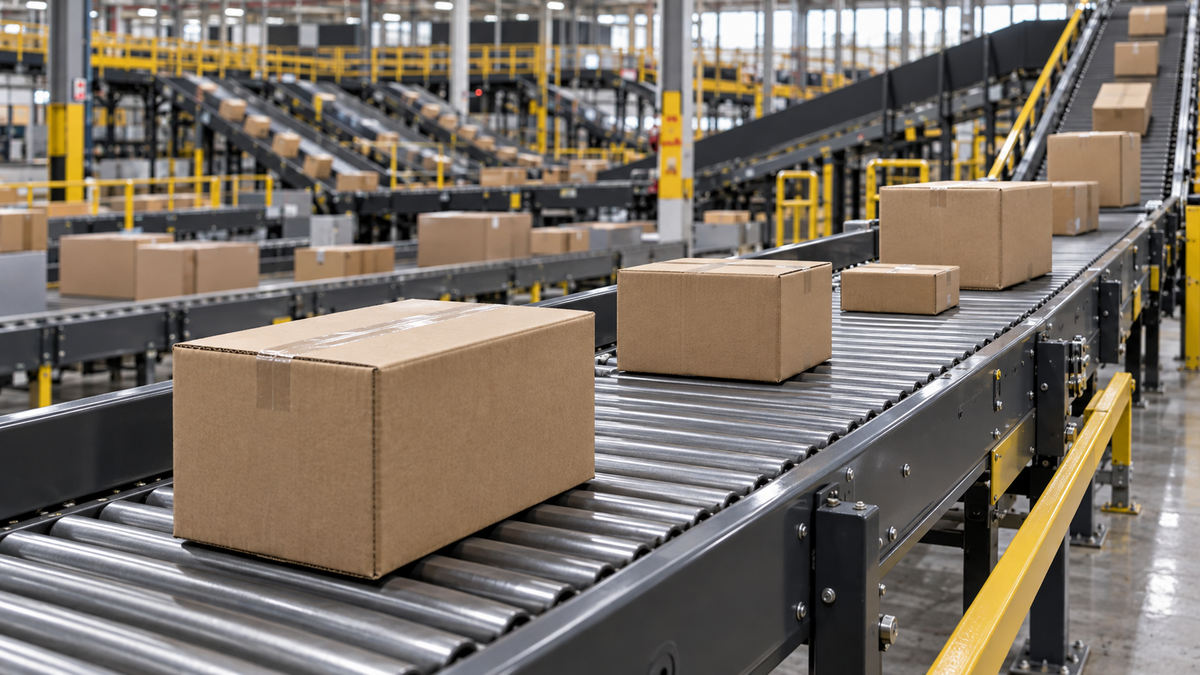 Cardboard parcels on a warehouse sorting conveyor